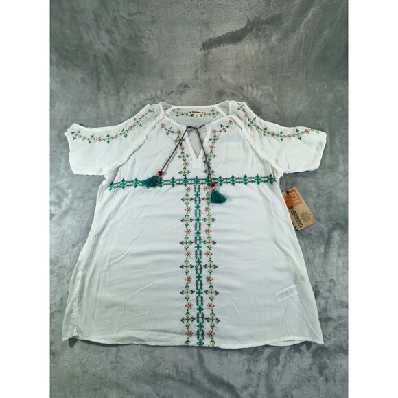 Ruff Hewn Womens Blouse Large Boho Embroidered Cold Shoulder Short Sleeve Tassel - Picture 6 of 16